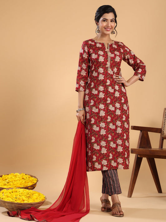 Janasya Regular Cambric Maroon Striped Notch Neck Set - Swadesiicart