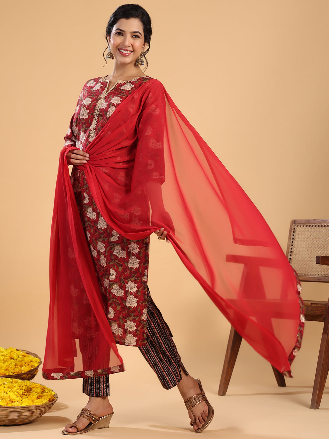 Janasya Regular Cambric Maroon Striped Notch Neck Set - Swadesiicart