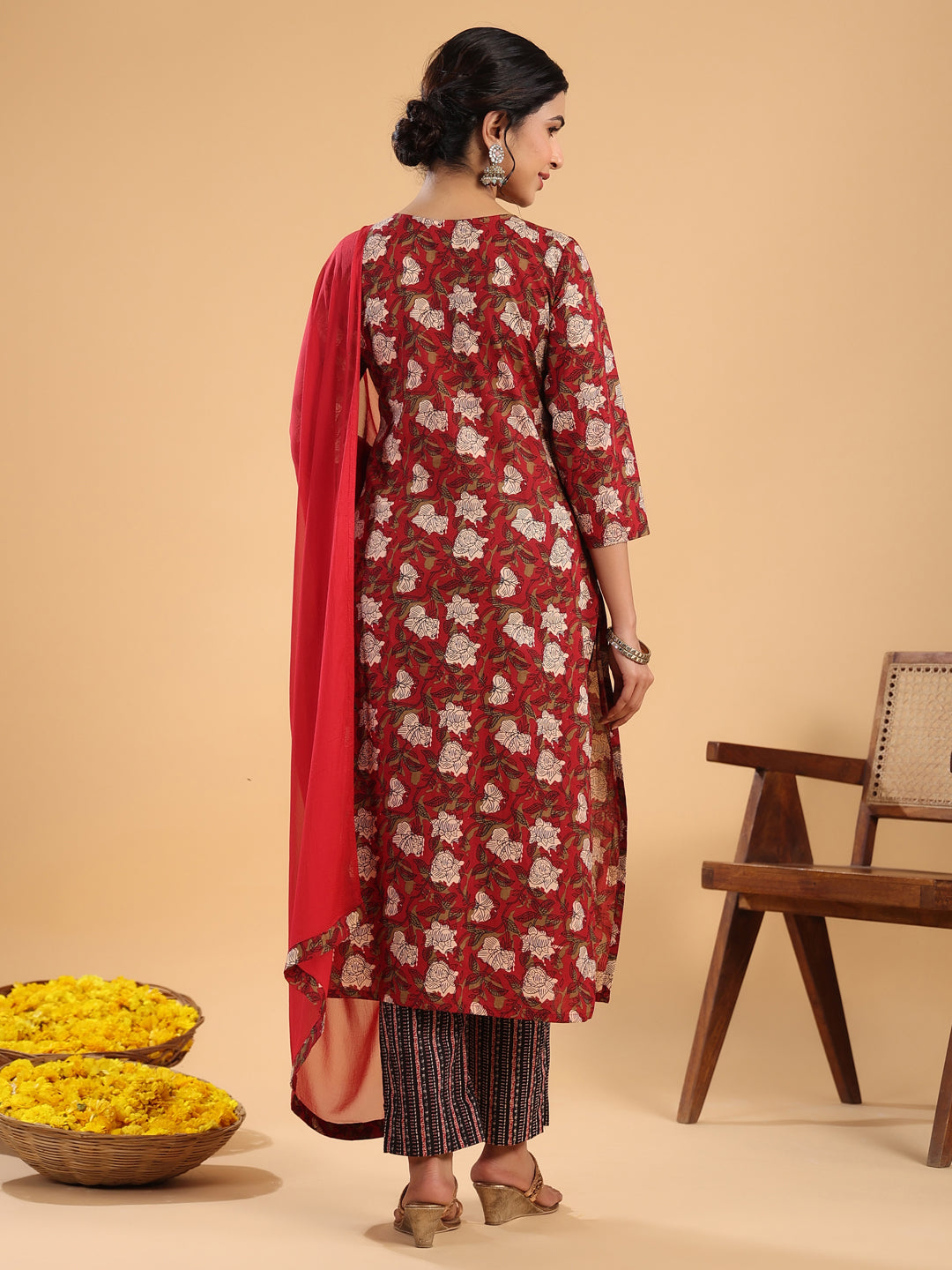 Janasya Regular Cambric Maroon Striped Notch Neck Set - Swadesiicart