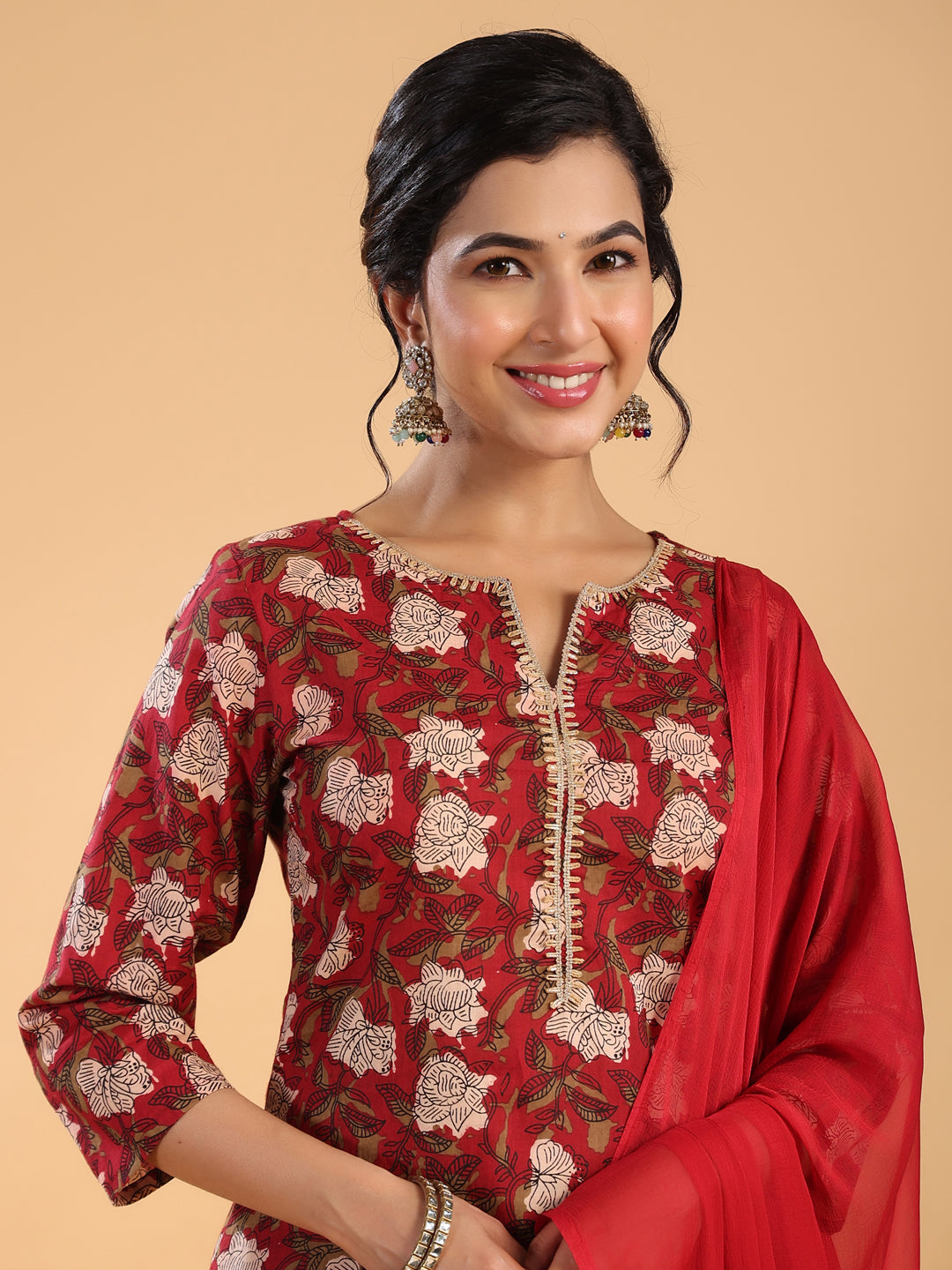 Janasya Regular Cambric Maroon Striped Notch Neck Set - Swadesiicart