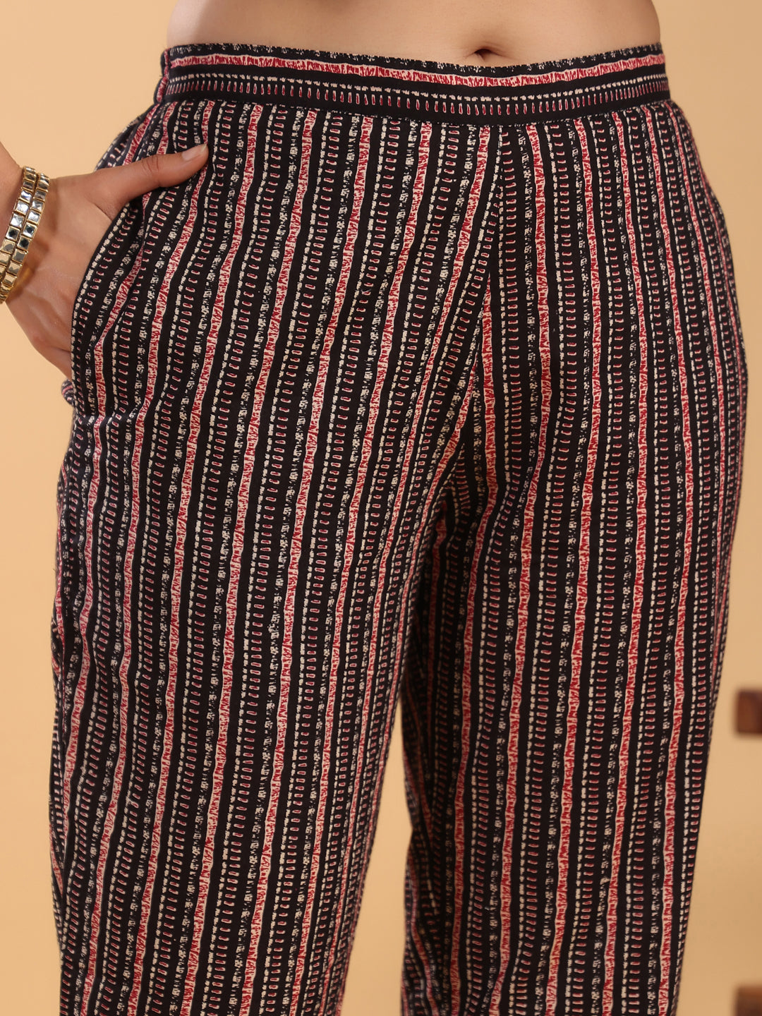 Janasya Regular Cambric Maroon Striped Notch Neck Set - Swadesiicart