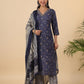 Janasya Straight Cambric Dark Blue Bandhani V-Neck with Band Collar Kurta Set | Swadesiicart