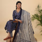 Janasya Straight Cambric Dark Blue Bandhani V-Neck with Band Collar Kurta Set | Swadesiicart