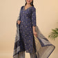 Janasya Straight Cambric Dark Blue Bandhani V-Neck with Band Collar Kurta Set | Swadesiicart