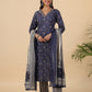 Janasya Straight Cambric Dark Blue Bandhani V-Neck with Band Collar Kurta Set | Swadesiicart