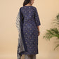 Janasya Straight Cambric Dark Blue Bandhani V-Neck with Band Collar Kurta Set | Swadesiicart