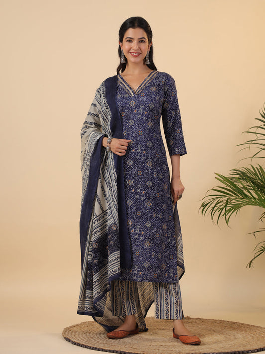 Janasya Straight Cambric Dark Blue Bandhani V-Neck with Band Collar Kurta Set | Swadesiicart