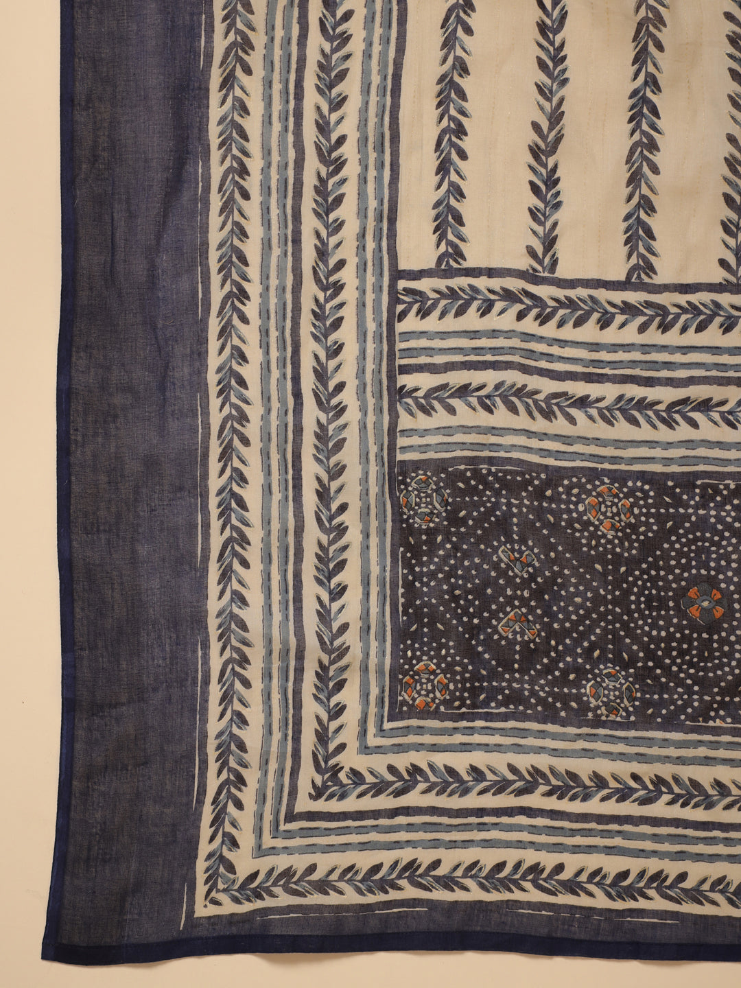 Janasya Straight Cambric Dark Blue Bandhani V-Neck with Band Collar Kurta Set | Swadesiicart