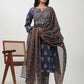 Janasya Regular Cambric Indigo Floral Notch Neck Kurta Set | Swadesiicart
