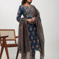 Janasya Regular Cambric Indigo Floral Notch Neck Kurta Set | Swadesiicart