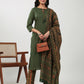 Janasya Straight Cambric Green Ethnic Motifs Notch Neck Set | Swadesiicart