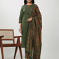 Janasya Straight Cambric Green Ethnic Motifs Notch Neck Set | Swadesiicart