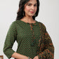 Janasya Straight Cambric Green Ethnic Motifs Notch Neck Set | Swadesiicart