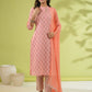 Janasya Straight Cambric Peach Floral Band Collar Set | Swadesiicart