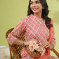 Janasya Straight Cambric Peach Floral Band Collar Set | Swadesiicart