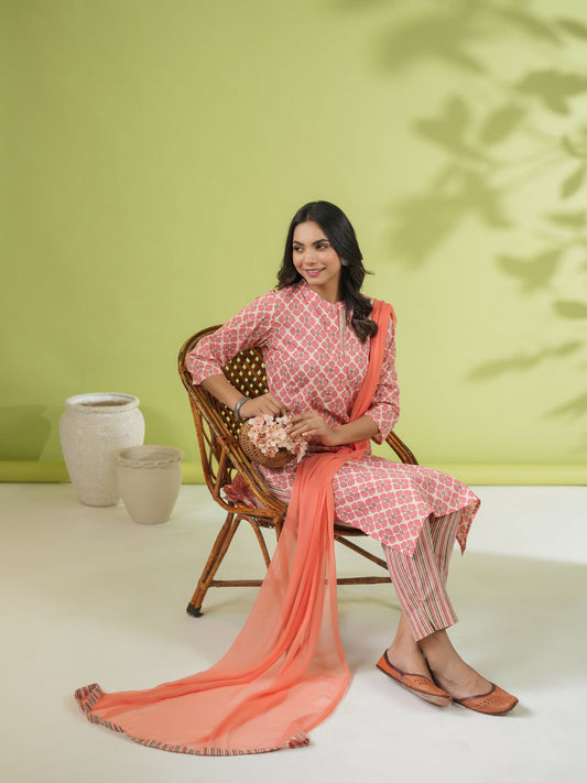 Janasya Straight Cambric Peach Floral Band Collar Set | Swadesiicart