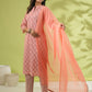 Janasya Straight Cambric Peach Floral Band Collar Set | Swadesiicart