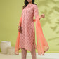 Janasya Straight Cambric Peach Floral Band Collar Set | Swadesiicart