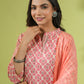 Janasya Straight Cambric Peach Floral Band Collar Set | Swadesiicart