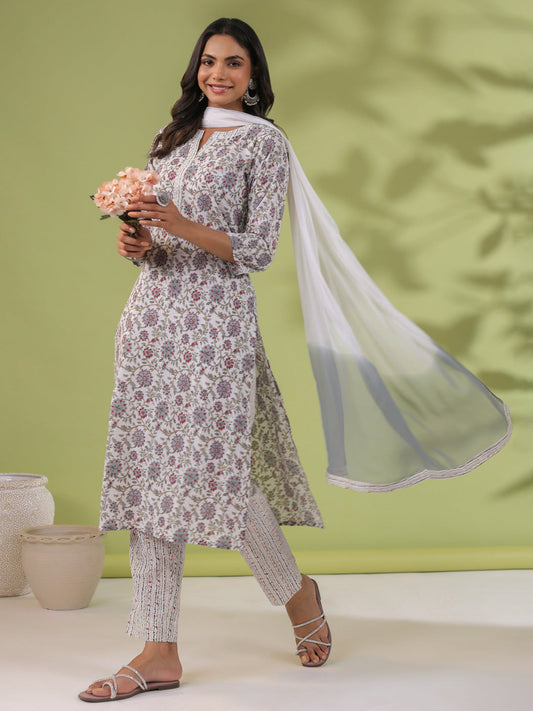 Janasya White Cambric Floral Set | Swadesiicart