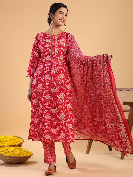 Janasya Straight Cambric Pink Floral Round Neck Set | Swadesiicart