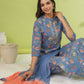 Janasya Straight Cambric Blue Floral Band Collar Kurta Set | Swadesiicart