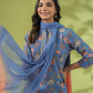 Janasya Straight Cambric Blue Floral Band Collar Kurta Set | Swadesiicart