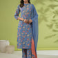 Janasya Straight Cambric Blue Floral Band Collar Kurta Set | Swadesiicart