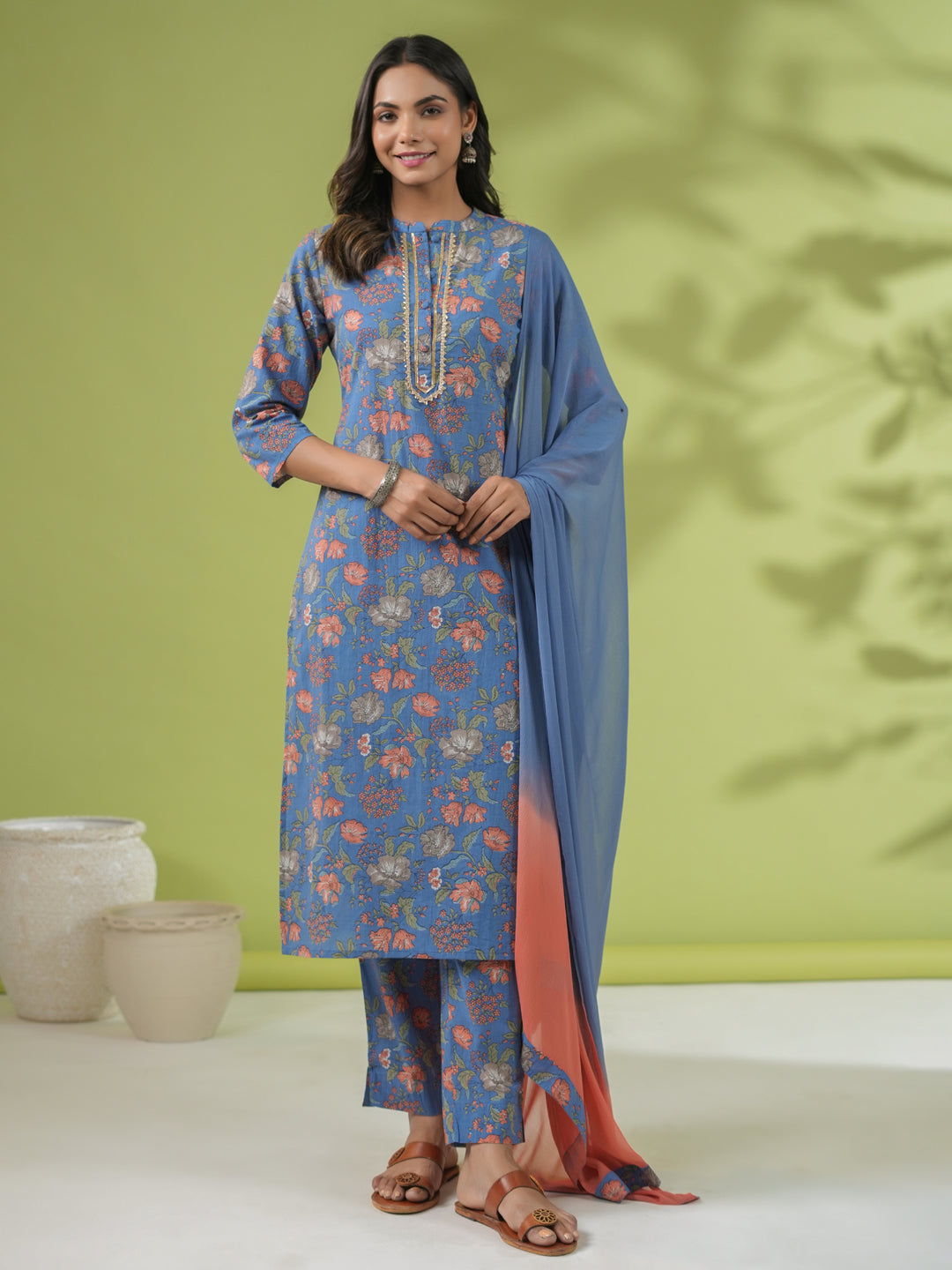 Janasya Straight Cambric Blue Floral Band Collar Kurta Set | Swadesiicart