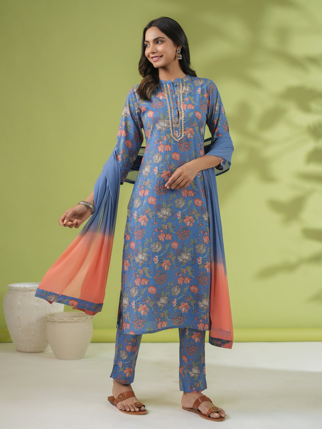 Janasya Straight Cambric Blue Floral Band Collar Kurta Set | Swadesiicart