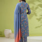 Janasya Straight Cambric Blue Floral Band Collar Kurta Set | Swadesiicart