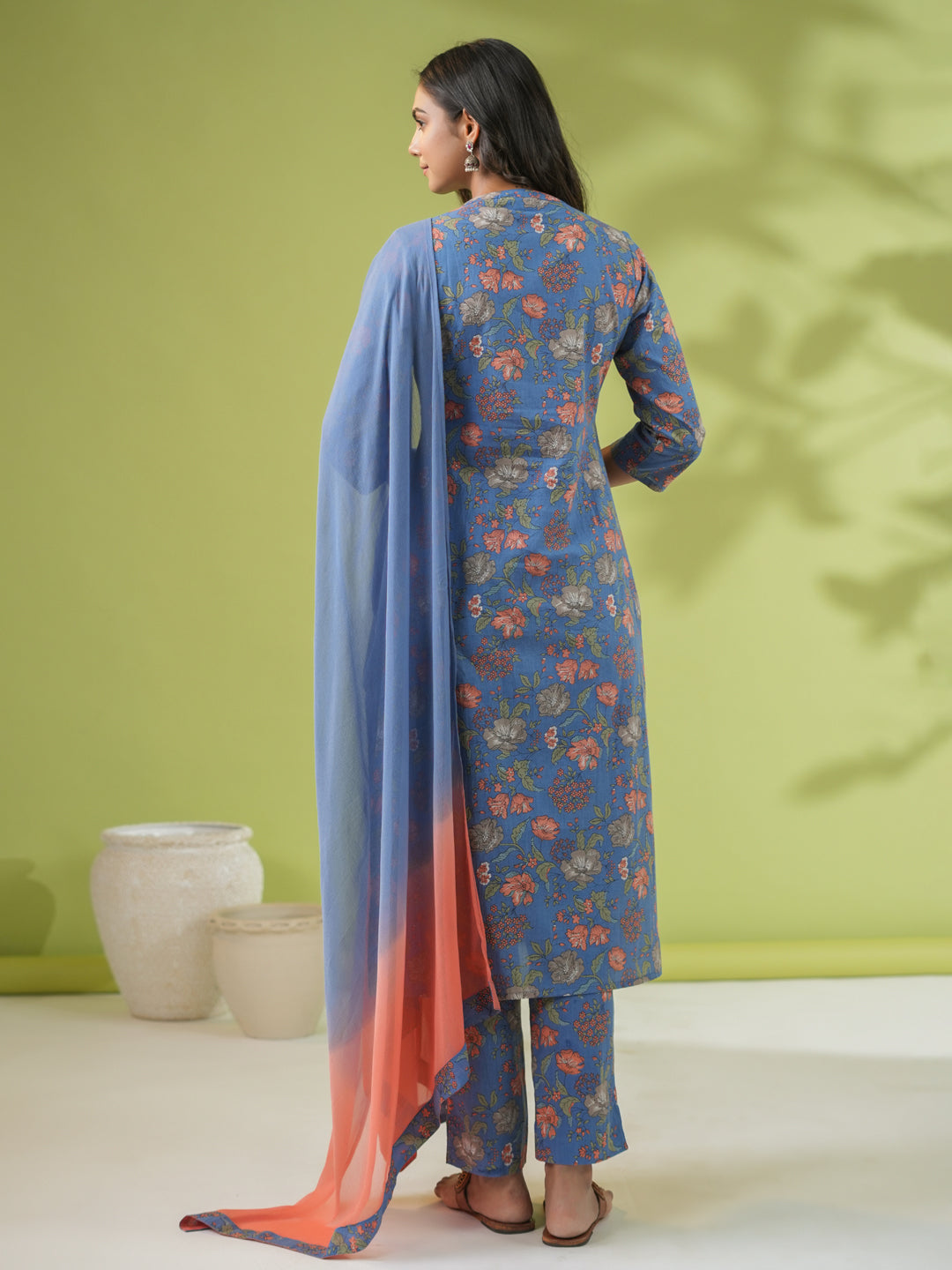 Janasya Straight Cambric Blue Floral Band Collar Kurta Set | Swadesiicart