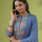 Janasya Straight Cambric Blue Floral Band Collar Kurta Set | Swadesiicart