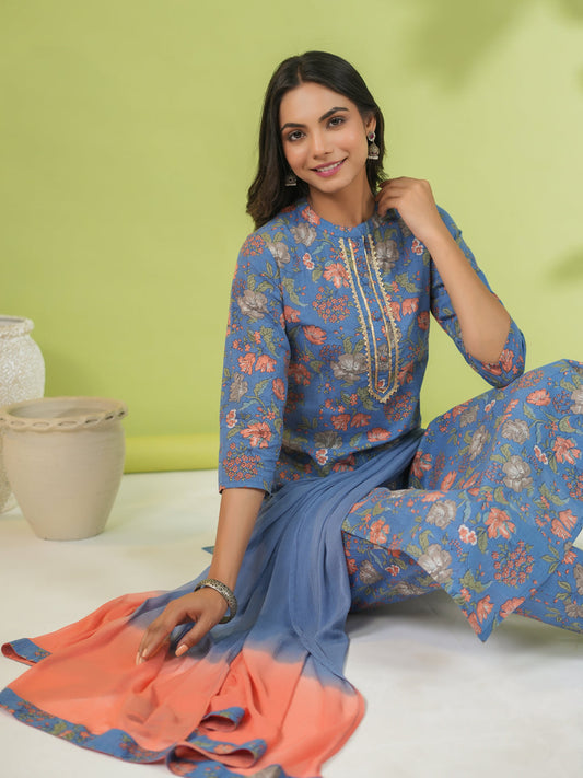 Janasya Straight Cambric Blue Floral Band Collar Kurta Set | Swadesiicart