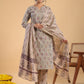 Janasya Regular Cotton Cream Floral Notch Neck Kurta,Bottom & Dupatta | Swadesiicart