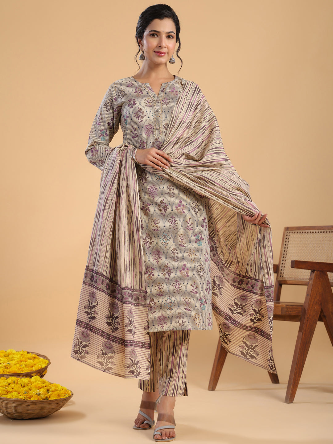 Janasya Regular Cotton Cream Floral Notch Neck Kurta,Bottom & Dupatta | Swadesiicart