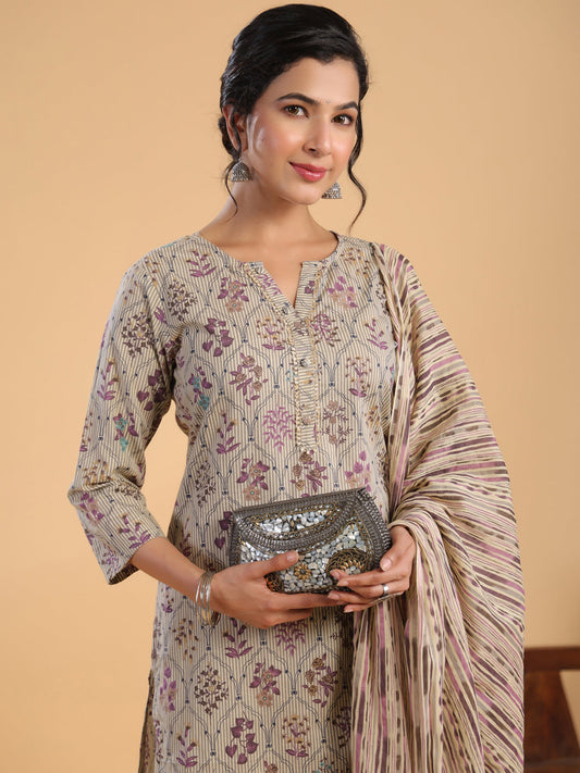 Janasya Regular Cotton Cream Floral Notch Neck Kurta,Bottom & Dupatta | Swadesiicart