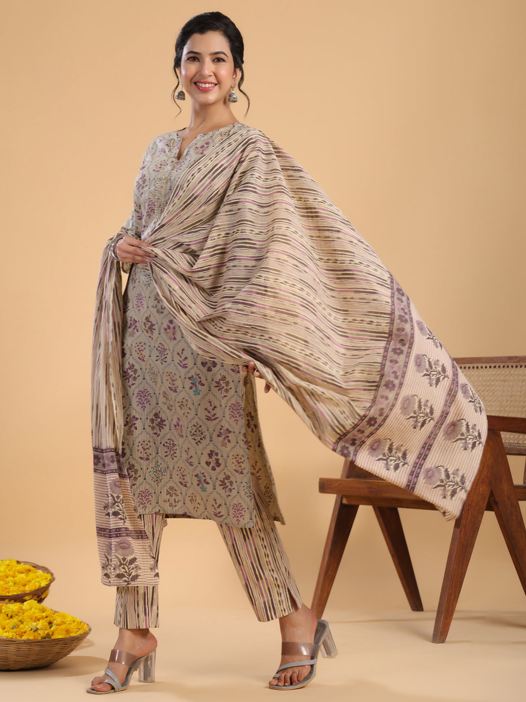 Janasya Regular Cotton Cream Floral Notch Neck Kurta,Bottom & Dupatta | Swadesiicart