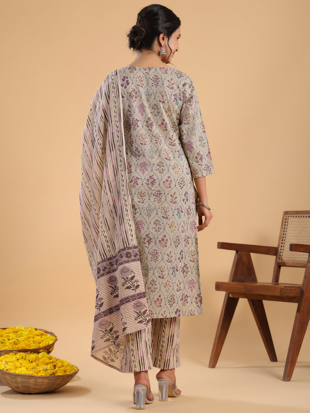 Janasya Regular Cotton Cream Floral Notch Neck Kurta,Bottom & Dupatta | Swadesiicart