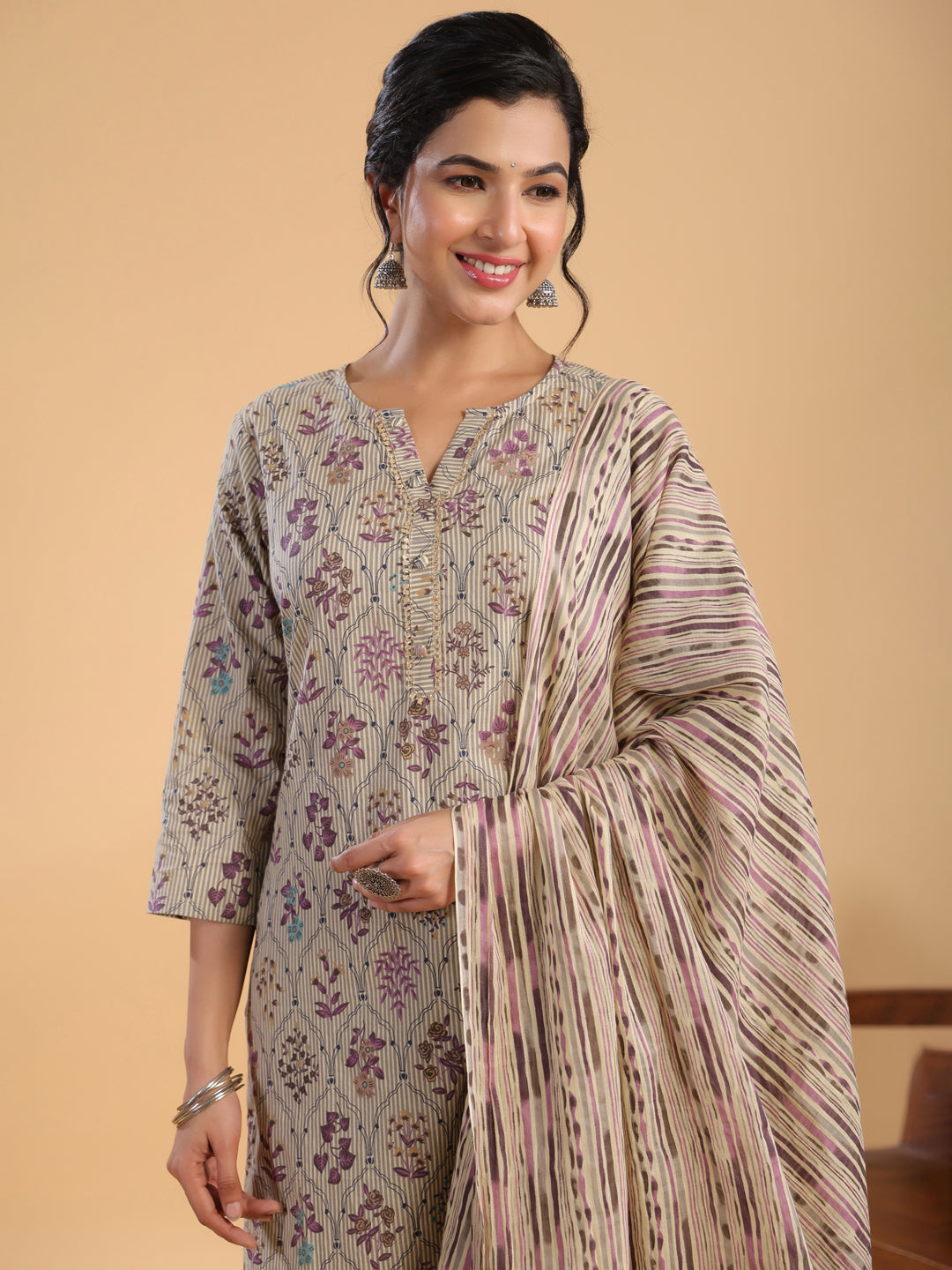 Janasya Regular Cotton Cream Floral Notch Neck Kurta,Bottom & Dupatta | Swadesiicart