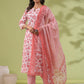 Janasya Straight Cambric White Floral Notch Neck Set - Swadesiicart
