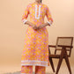 Janasya Straight Cambric Orange Floral Band Collar Kurta & Bottom - Swadesiicart