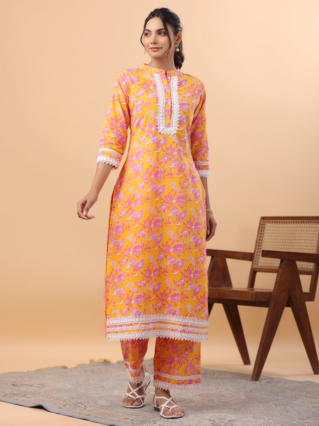 Janasya Straight Cambric Orange Floral Band Collar Kurta & Bottom - Swadesiicart