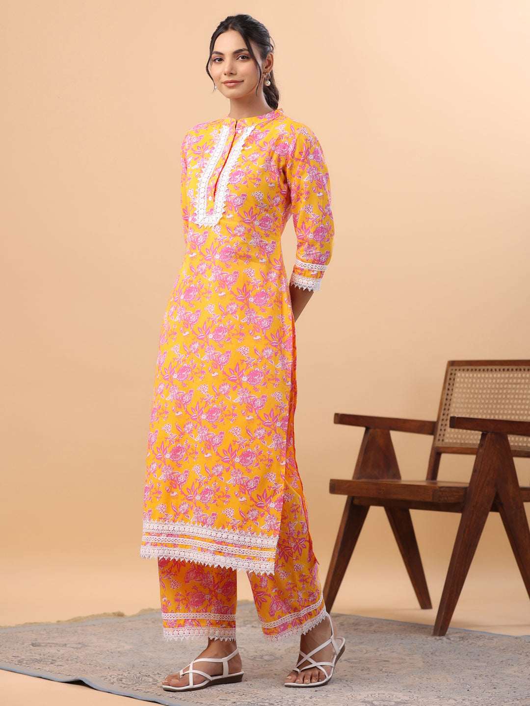 Janasya Straight Cambric Orange Floral Band Collar Kurta & Bottom - Swadesiicart