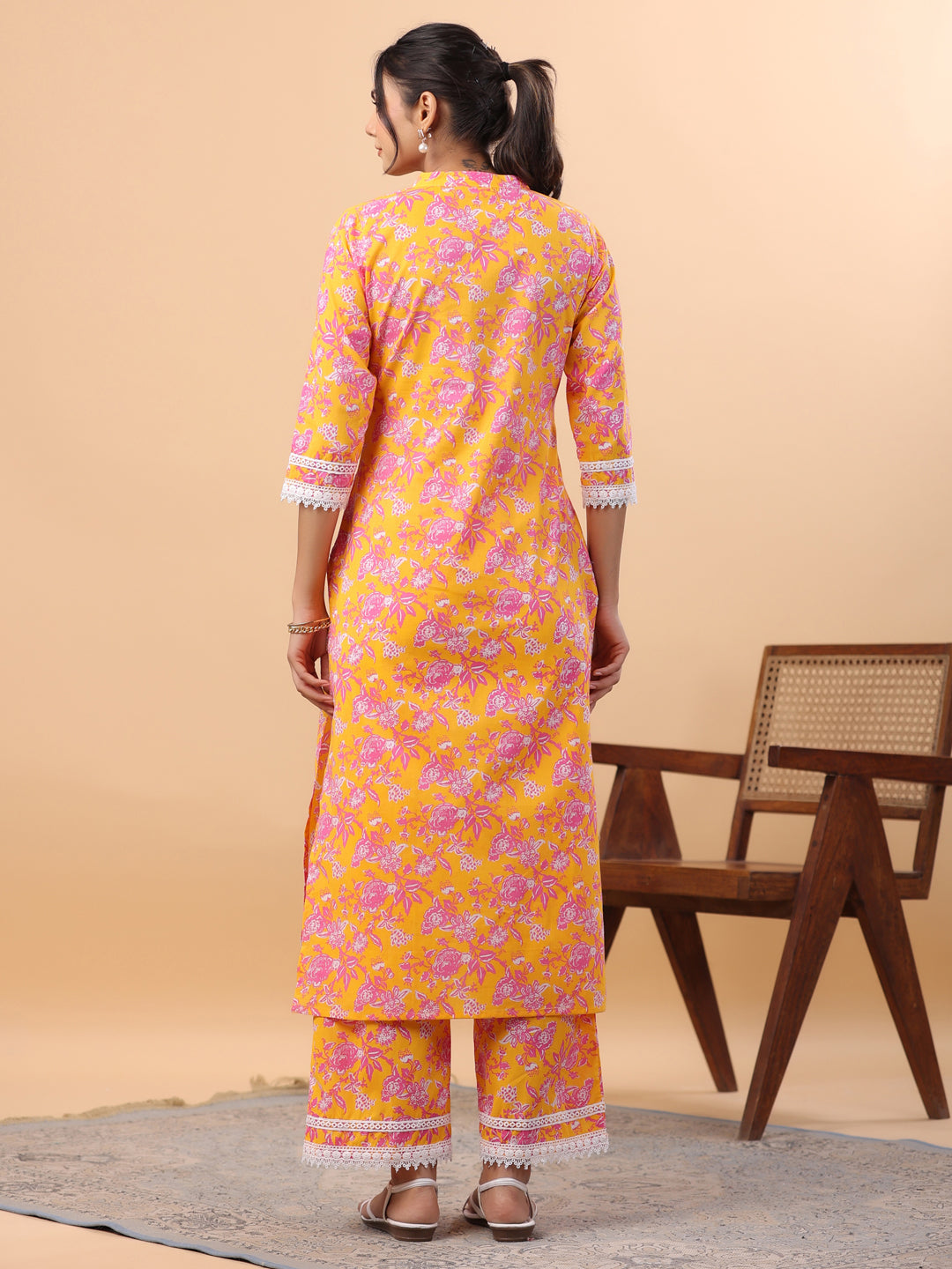 Janasya Straight Cambric Orange Floral Band Collar Kurta & Bottom - Swadesiicart