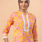 Janasya Straight Cambric Orange Floral Band Collar Kurta & Bottom - Swadesiicart