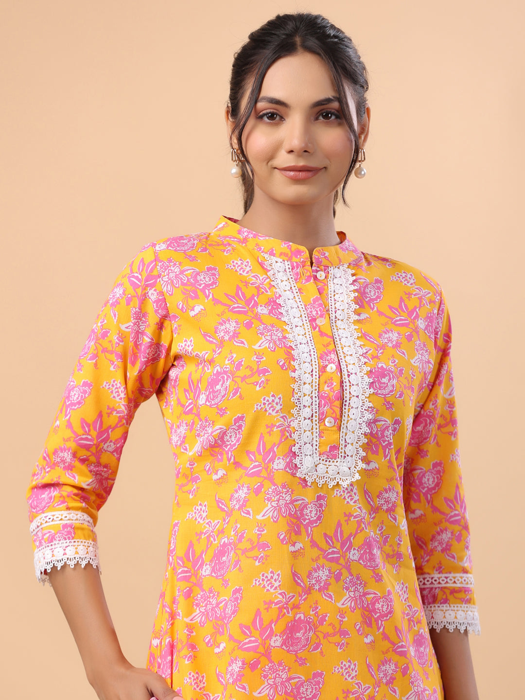 Janasya Straight Cambric Orange Floral Band Collar Kurta & Bottom - Swadesiicart