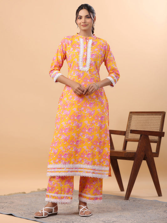 Janasya Straight Cambric Orange Floral Band Collar Kurta & Bottom - Swadesiicart