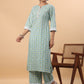 Janasya Regular Cambric Light Blue Floral Notch Neck Set | Swadesiicart