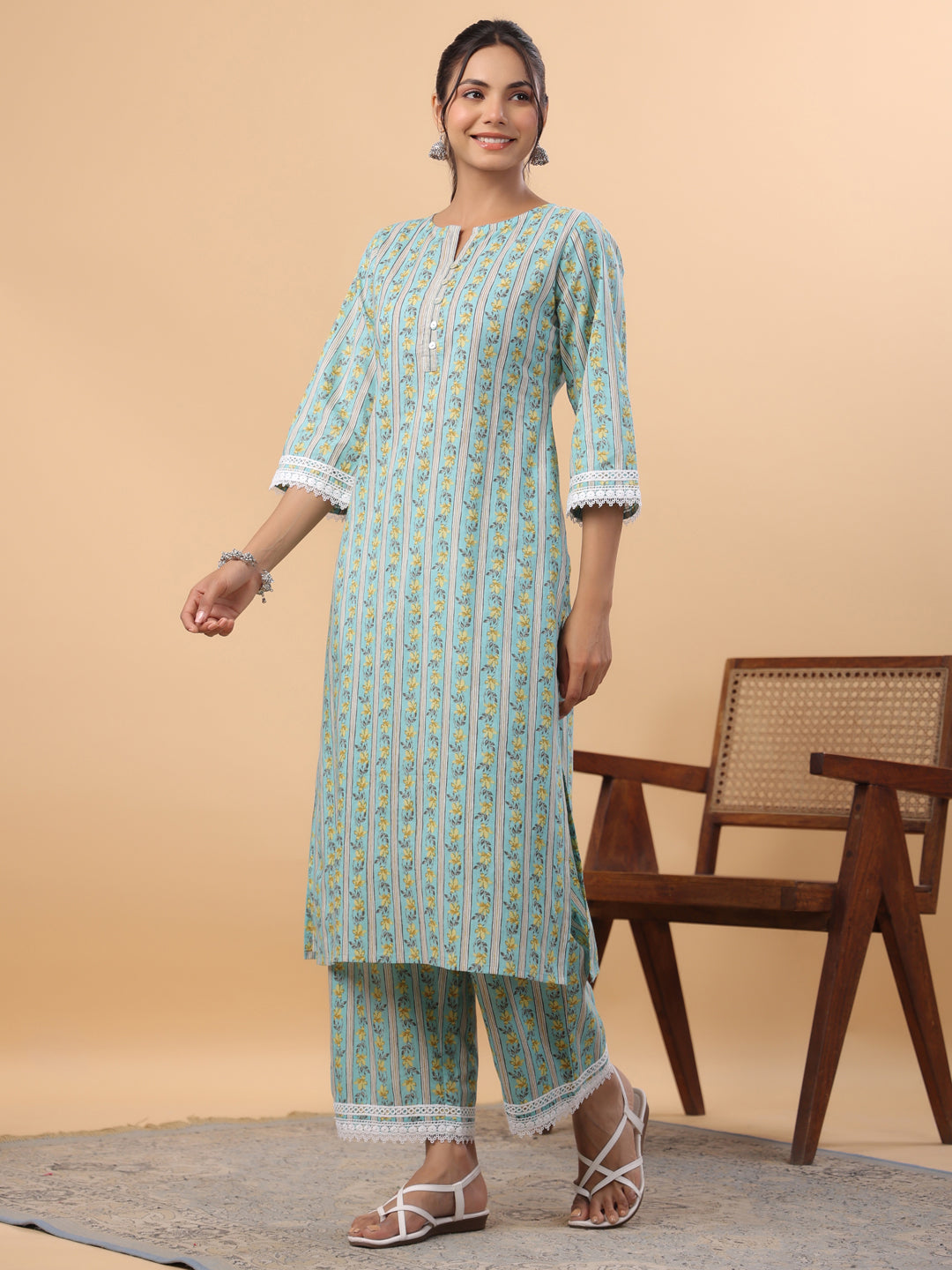 Janasya Regular Cambric Light Blue Floral Notch Neck Set | Swadesiicart